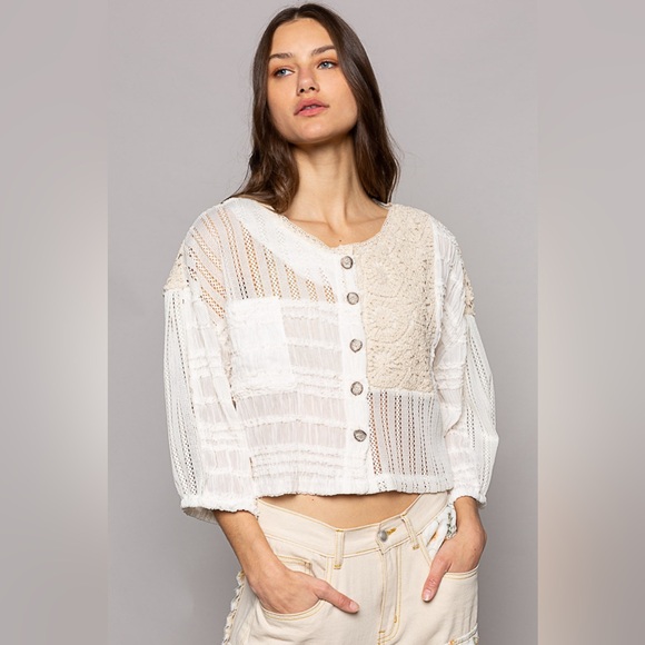 Chiffon & Crochet Woven Balloon Sleeve Top - POL - Picture 5 of 6